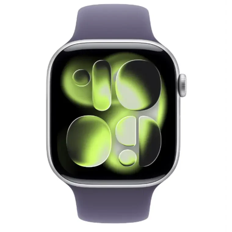 Apple Watch Series 11 GPS 46mm Aluminio plata banda Purple Fog Sport Band S/M vista 2