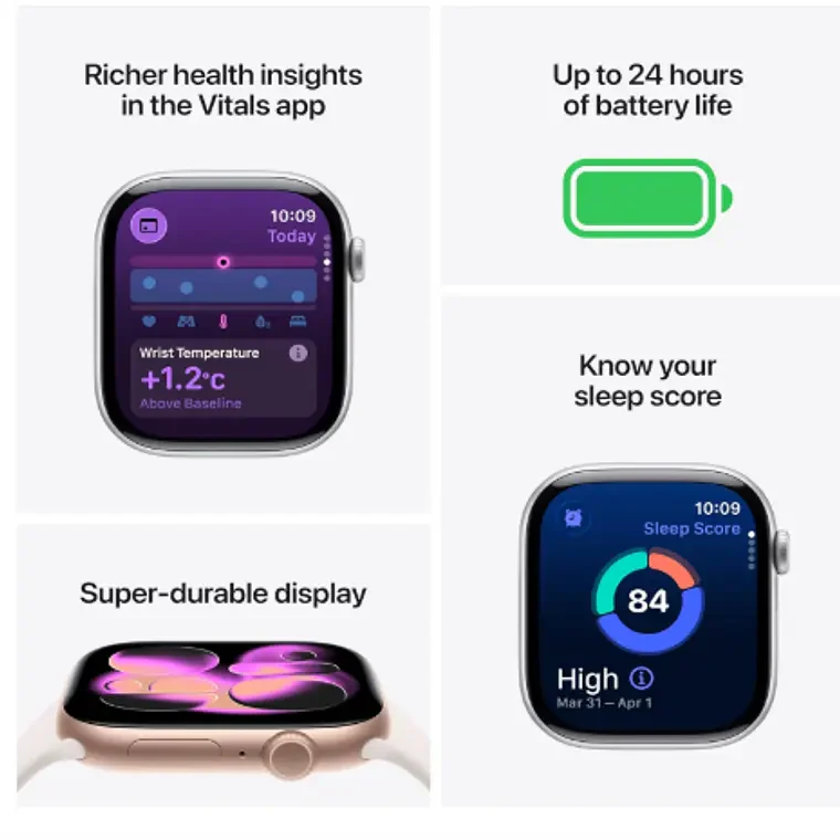 Apple Watch Series 11 GPS 46mm Aluminio plata banda Purple Fog Sport Band S/M vista 4